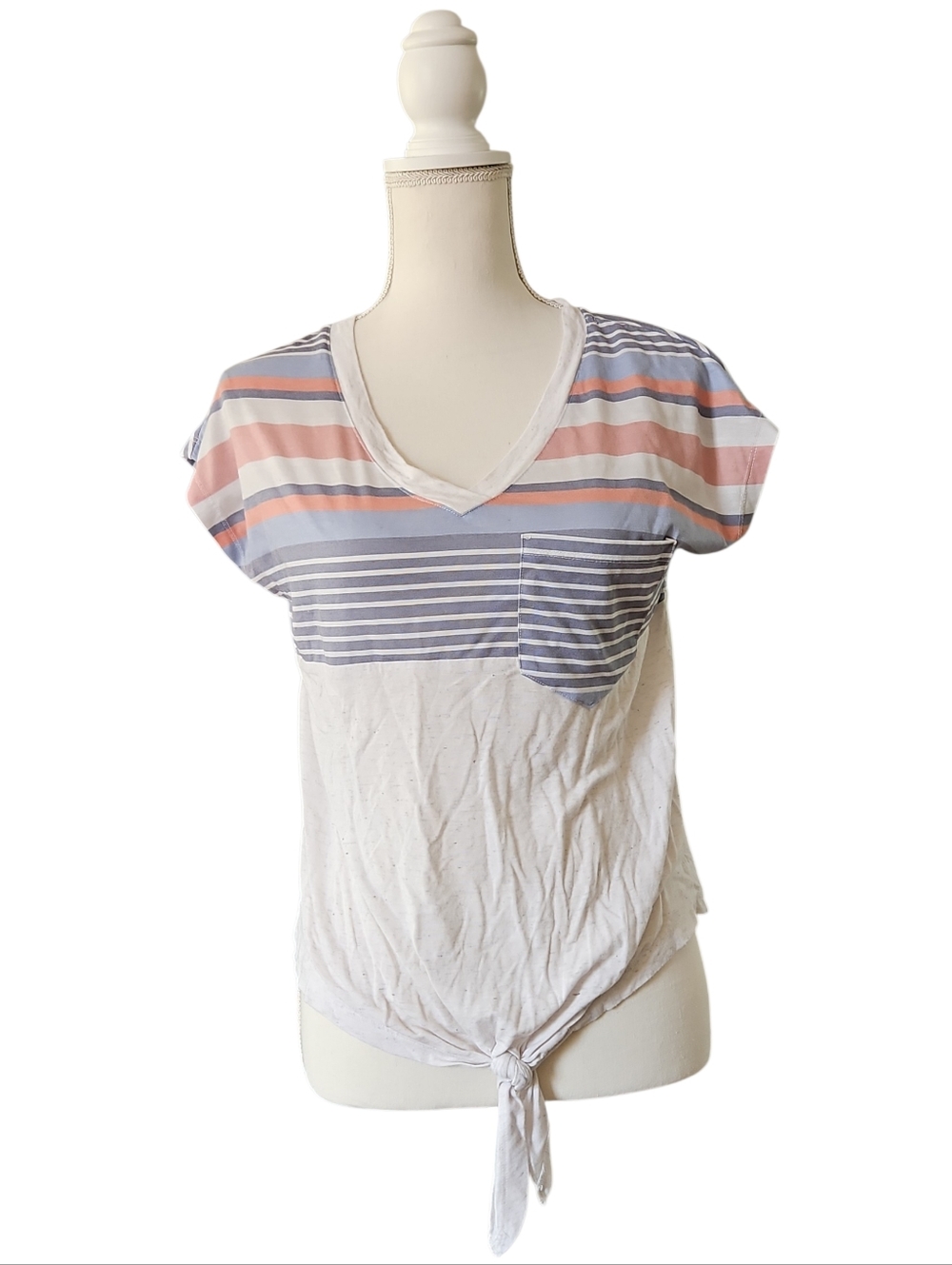 Striped Casual Tie-Front Top JS Truself Size Medium Blue Coral White